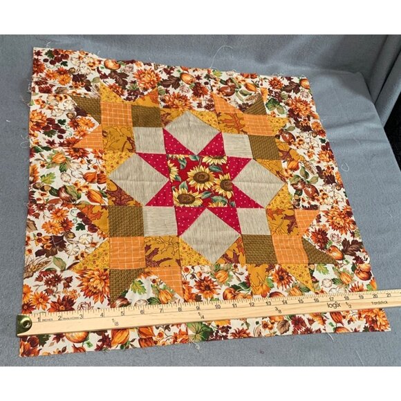 Handmade Autumn Quilt Star Block Floral & Patchwork Design 20"x20" - Picture 4 of 6